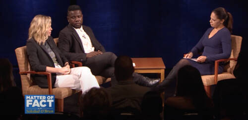 Kweku Mandela, Charlize Theron and Soledad O’Brien sitting in chairs